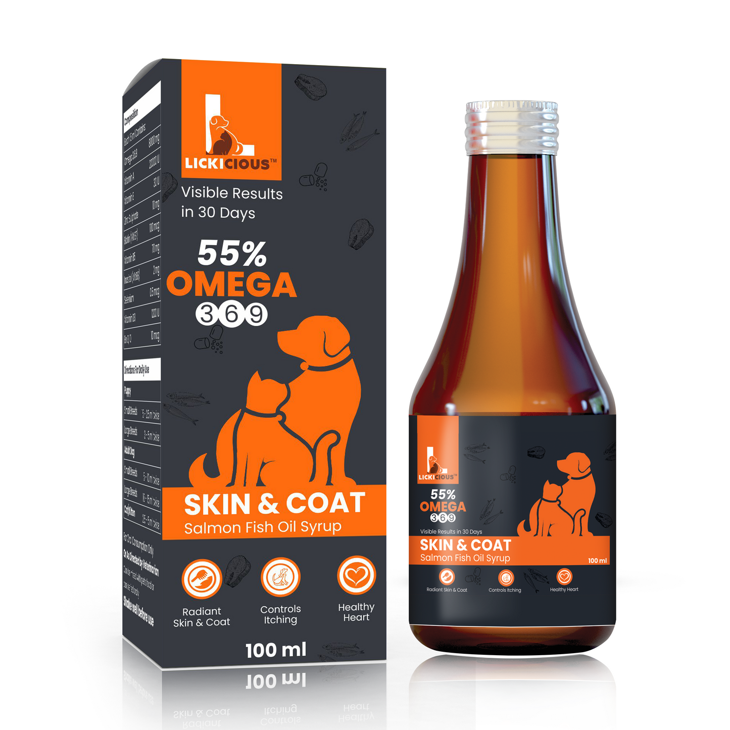 LICKICIOUS Skin and Coat Syrup with 55% Salmon Oil Omega 3 6 9 for Dogs & Cats