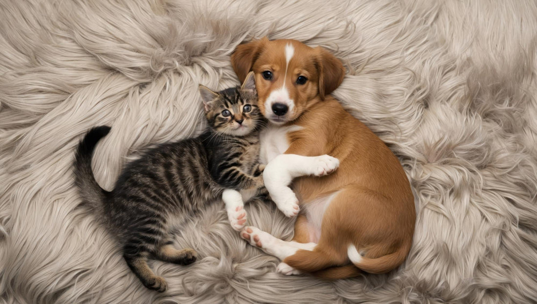 A tabby kitten and a brown-and-white puppy cuddle together on a soft, fluffy gray blanket, facing the camera.