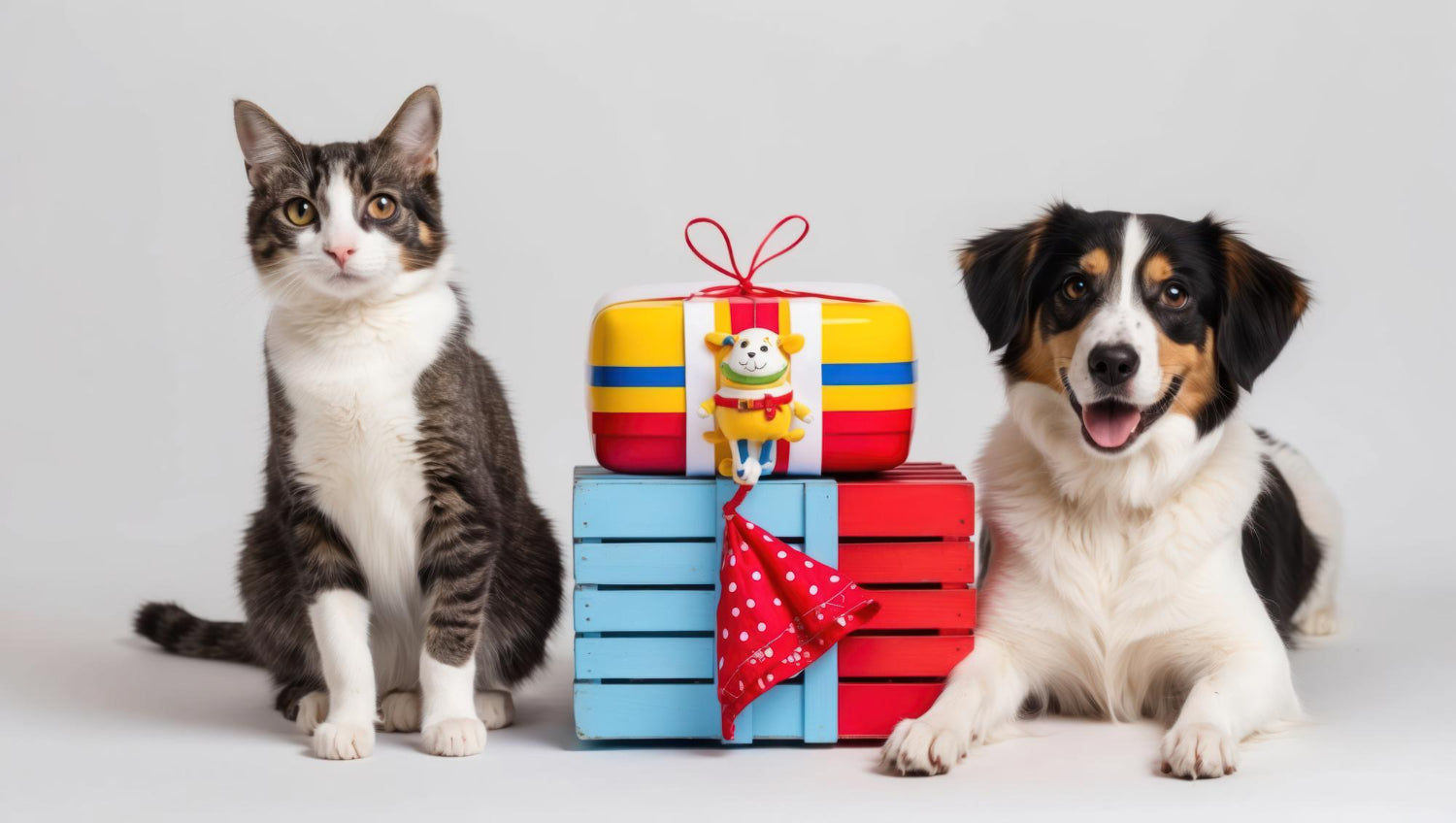 A cat and a dog sit beside colorful wrapped gifts, decorated boxes, and a small festive toy against a plain background.