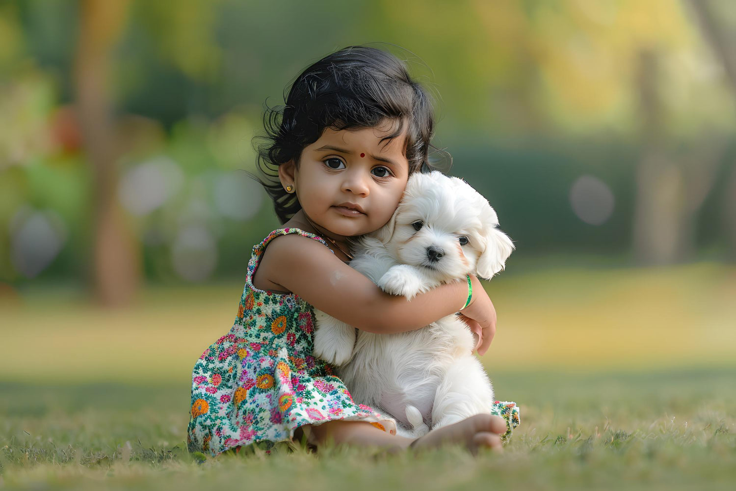 A young child in a floral dress sits on grass outdoors while gently hugging a small, fluffy white puppy. Both face the camera, with a softly blurred green background.