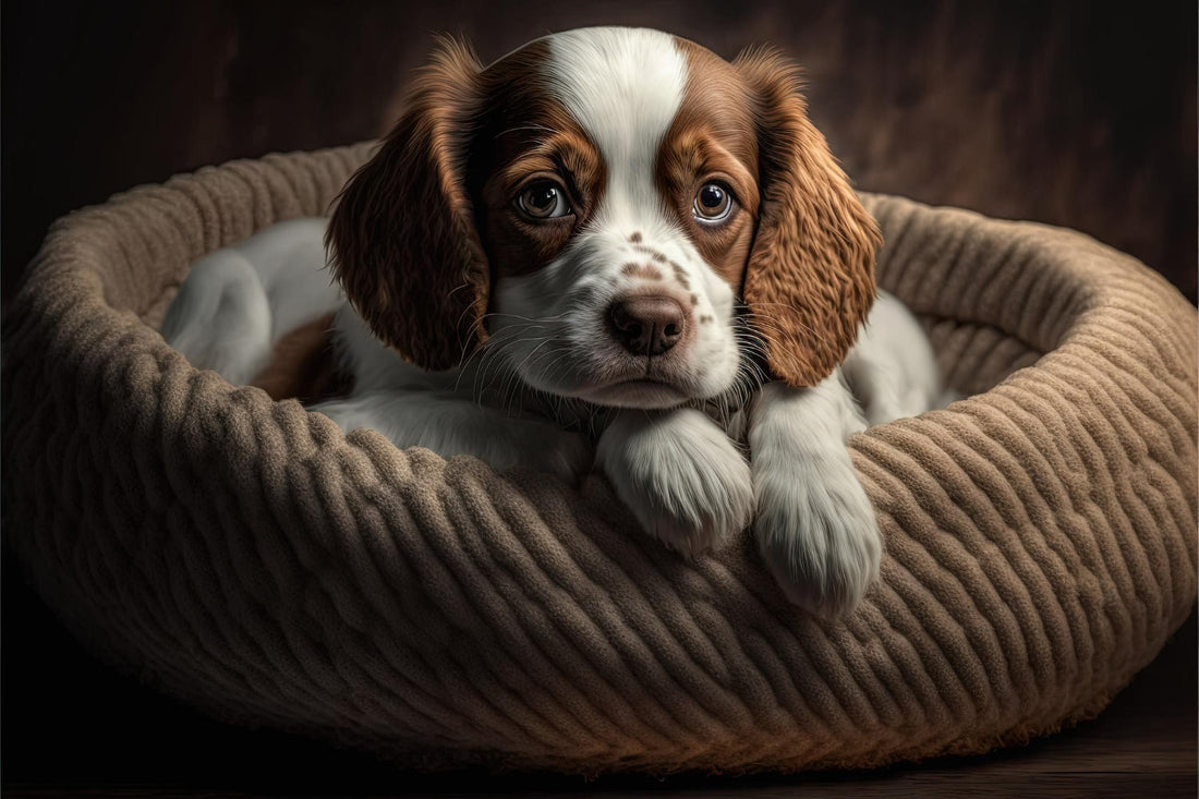 A brown-and-white spaniel puppy rests in a plush brown dog bed, looking directly toward the camera.