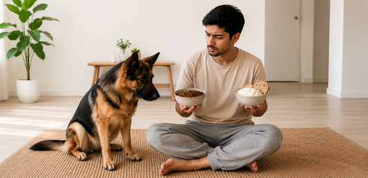 Indian man choosing between homemade dog food and kibble for his German Shepherd in a modern home