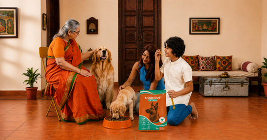 A vegetarian Indian family caring for their pet dog and feeding a balanced diet in a clean home setting.