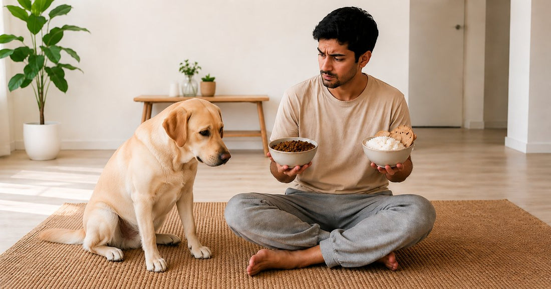 An Indian pet parent deciding between homemade roti and rice versus packaged food for his Labrador - illustrating the common dog food dilemma in Indian homes.