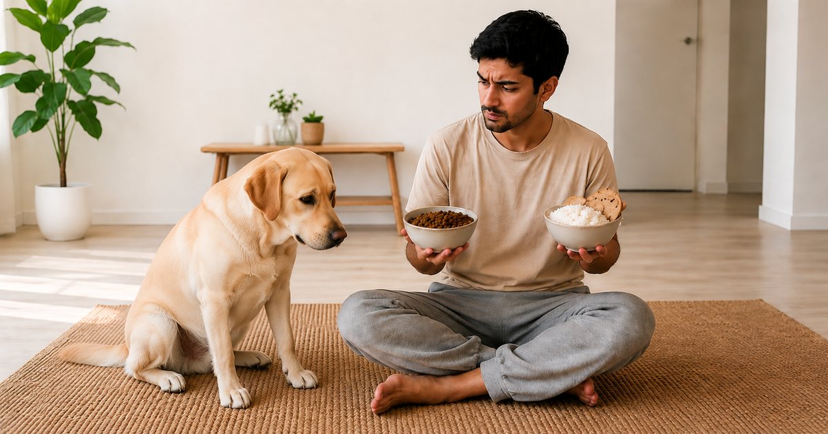 An Indian pet parent deciding between homemade roti and rice versus packaged food for his Labrador - illustrating the common dog food dilemma in Indian homes.