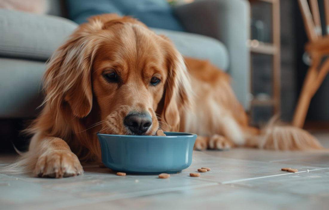 Golden retriever eating dry food from a blue bowl indoors, with kibble scattered on the floor.