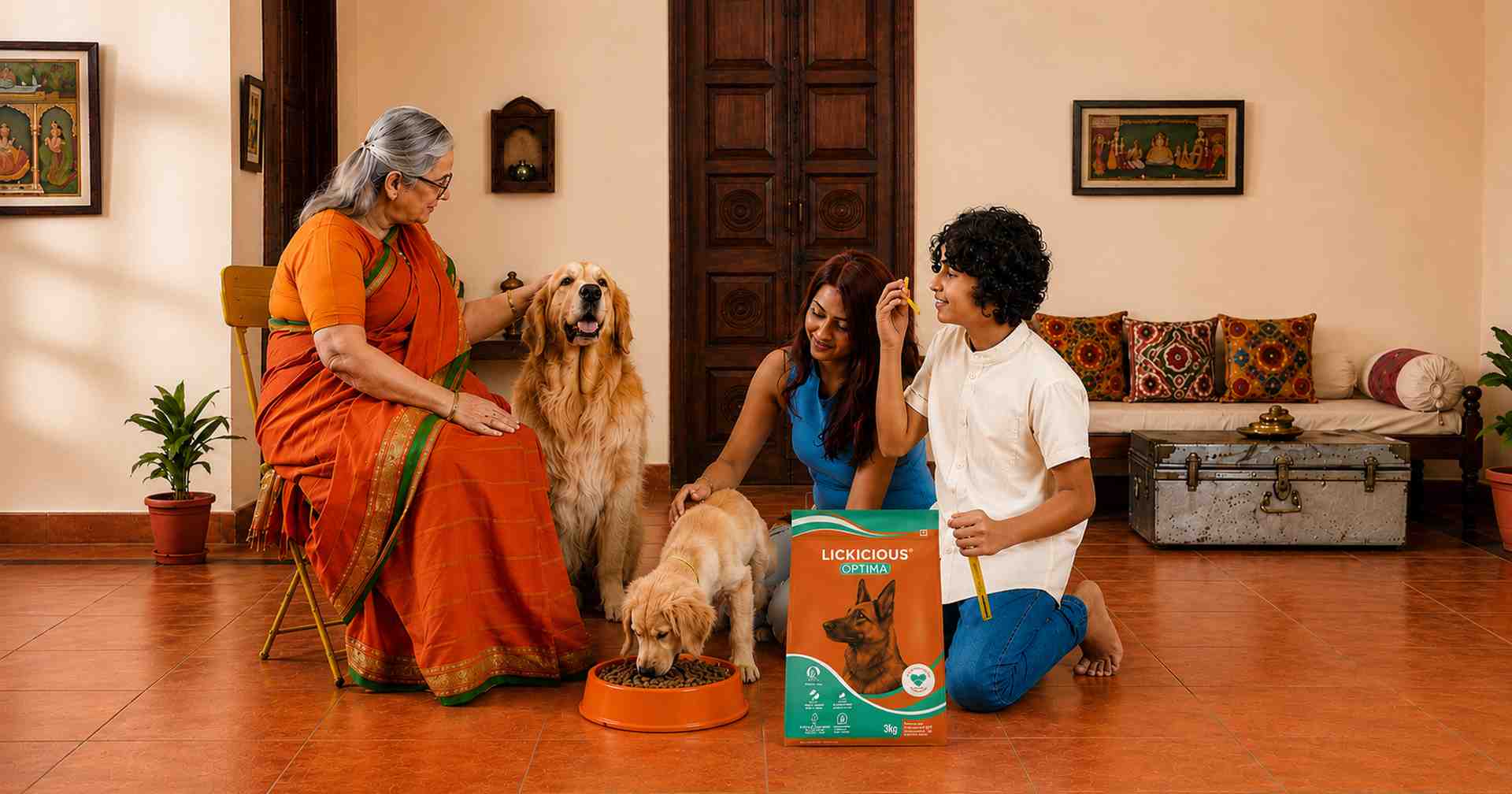 A vegetarian Indian family with two golden retrievers in a traditional home setting, with a bag of Lickicious Optima dog food — illustrating how vegetarian families can feed dogs non-veg food responsibly.