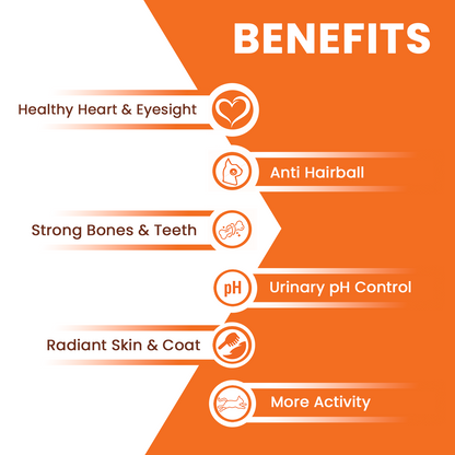 Benefits Healthy Heart and Eyesight Anti Hair Ball Urinary pH Control Radiant Skin & Coat More Activity