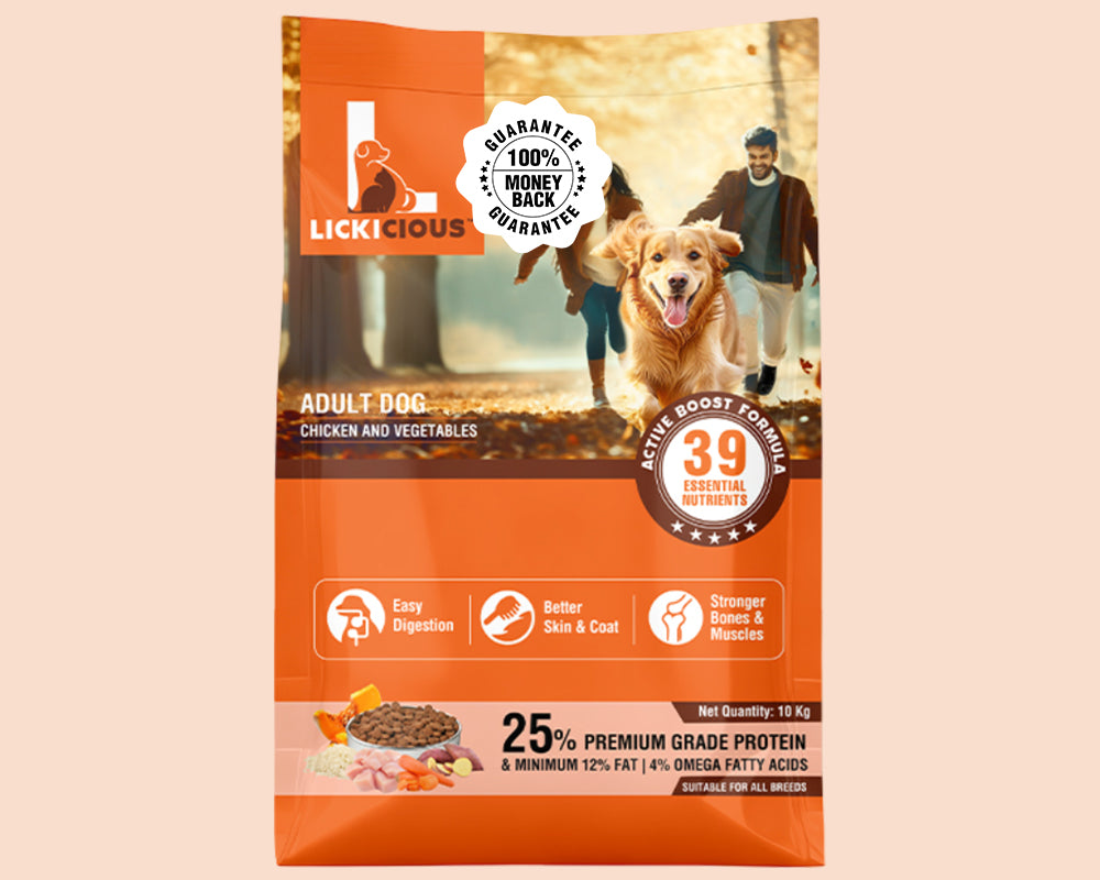 A 10 kg bag of Lickicious Adult Dog food, Chicken and Vegetables flavor, shown against a solid pale peach background. The packaging features a bright orange and brown design with a photo of a happy golden retriever and a dog walker.