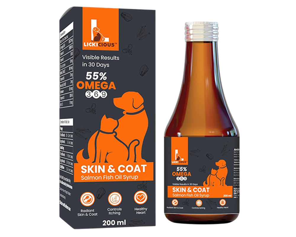 A bottle and box of Lickicious 55% Omega 3-6 Salmon Fish Oil Syrup for dogs and cats, shown on a plain white background.