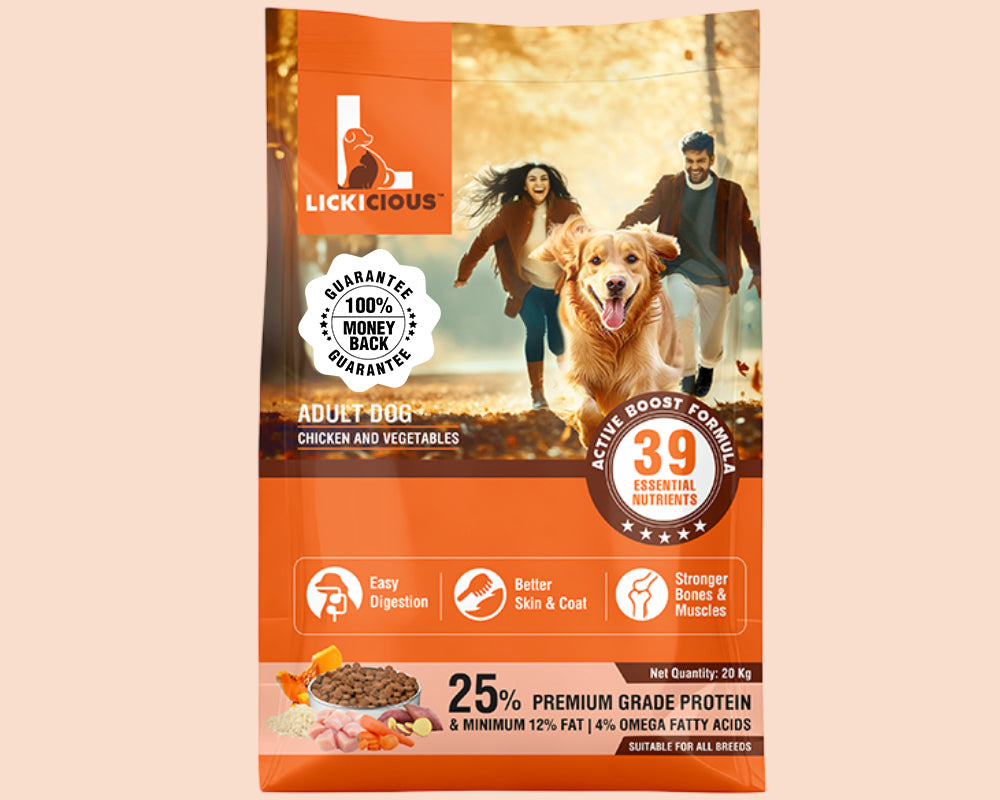A bag of Lick Cious Adult Dog food, Chicken and Vegetables flavor, shown against a solid pale peach background. The packaging features a prominent orange design with a photo of a golden retriever and two people on the front.