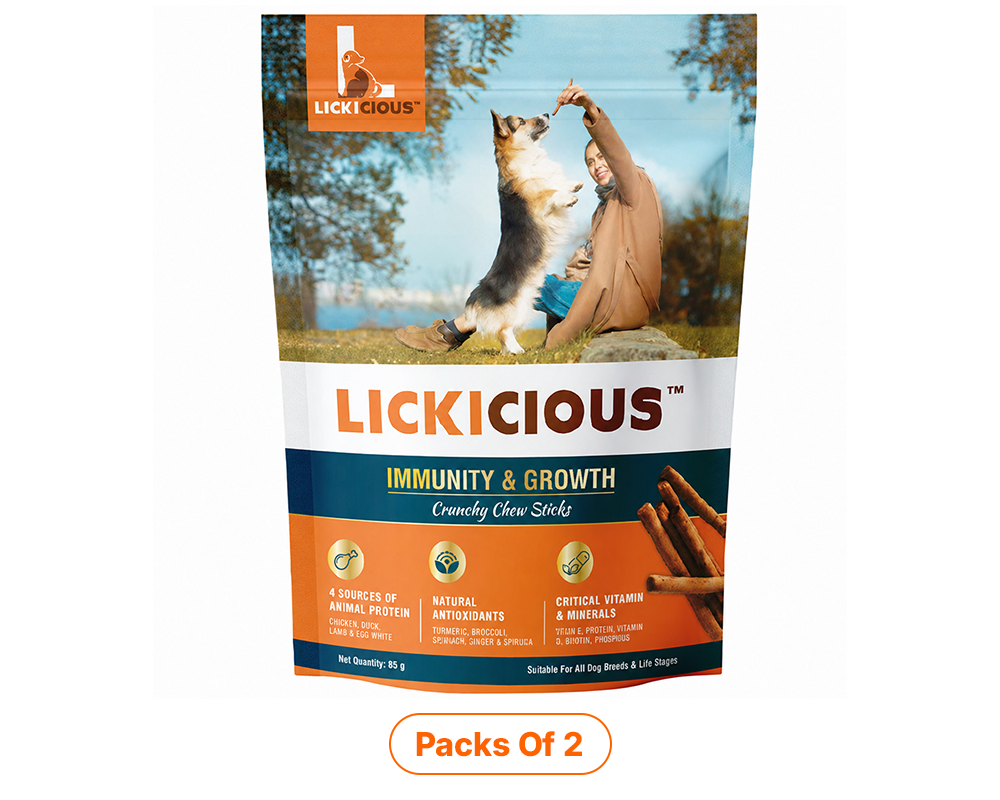 A stand-up pouch of Lickicious Immunity & Growth Crunchy Chew Sticks dog food on a white background, with a photo of a person and dog on the upper half and orange and dark blue branding bands on the lower half. A 'Pack of 2' badge is below the package.