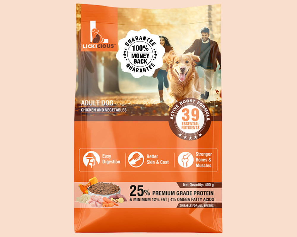 A bag of Lick Cious Adult Dog Chicken and Vegetables dry dog food, featuring a bright orange design with a photo of a golden retriever and a family on the front, set against a solid pale peach background.