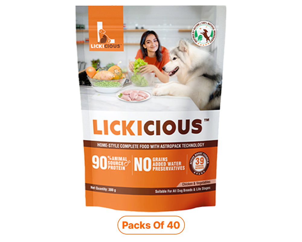 A stand-up pouch of Lickicious dog food on a white background, with a photo of a woman and a dog on the front of the packaging. Below the pouch is an orange label reading 'Pack of 40'.