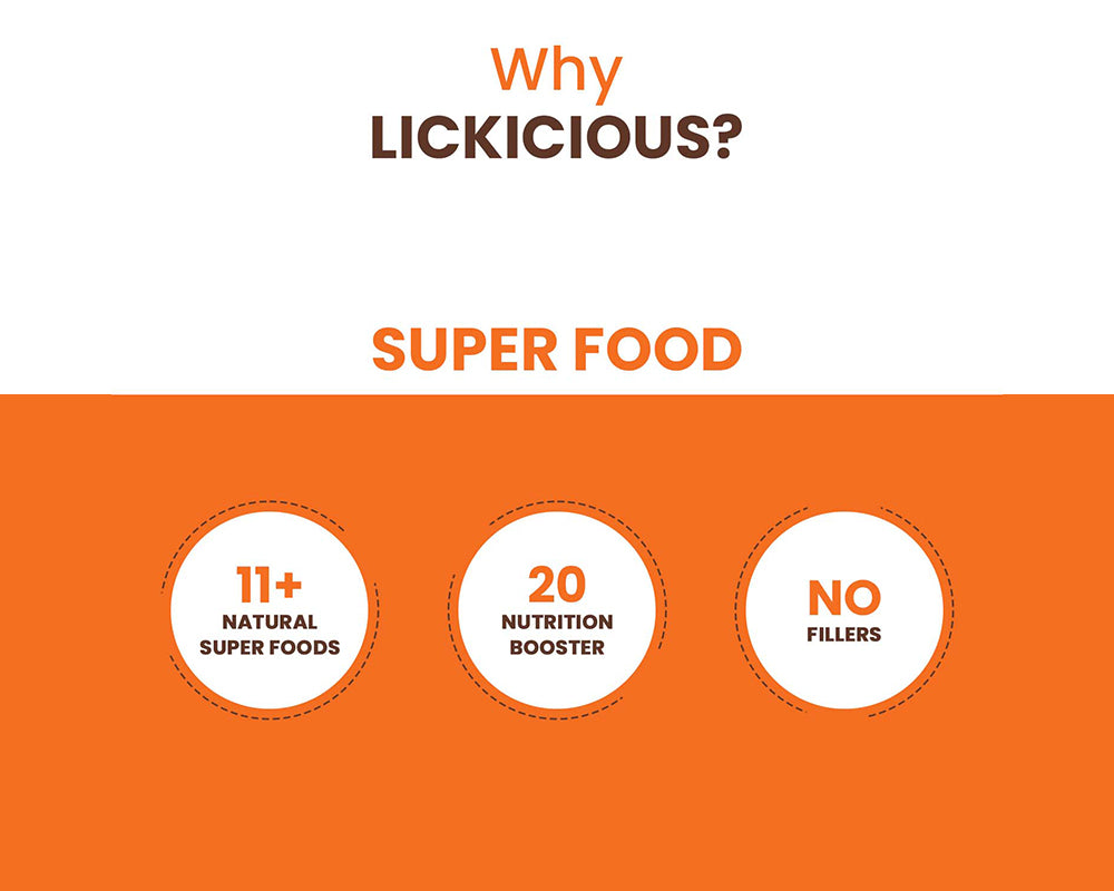 Lickicious Super Food Cat callouts: 11+ natural superfoods, 20 nutrition boosters, no fillers