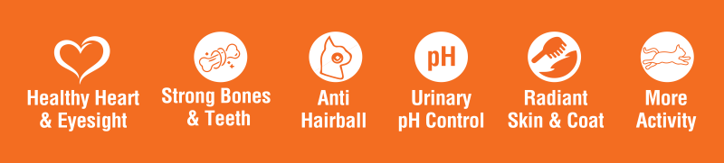 Benefits Healthy Heart and Eyesight Anti Hair Ball Urinary pH Control Radiant Skin & Coat More Activity