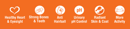 Benefits Healthy Heart and Eyesight Anti Hair Ball Urinary pH Control Radiant Skin & Coat More Activity