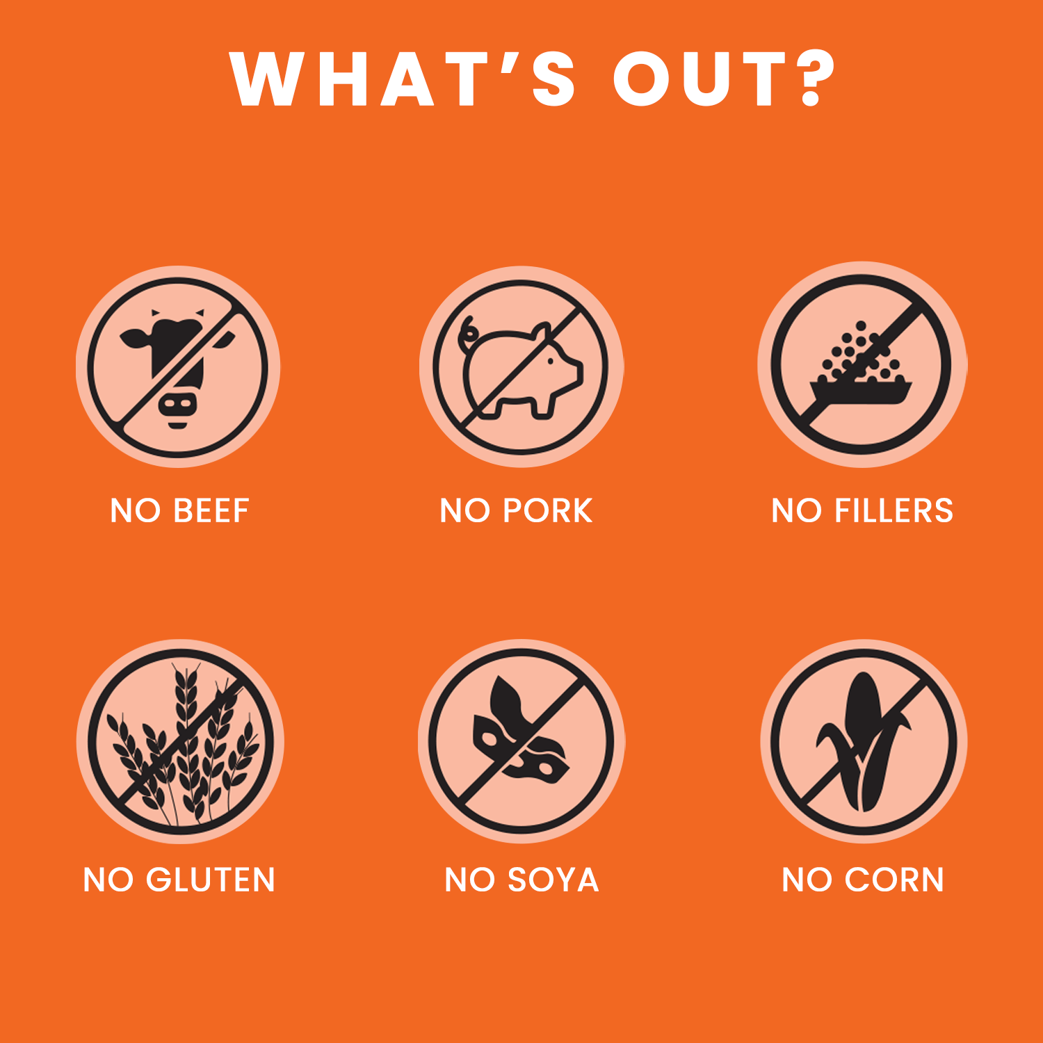 An orange informational graphic with the heading 'WHAT'S OUT?' and six circular crossed-out icons labeled 'NO BEEF', 'NO PORK', 'NO FILLERS', 'NO GLUTEN', 'NO SOYA', and 'NO CORN'.