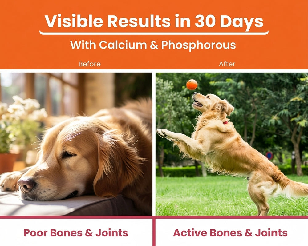 Golden retriever before-and-after comparison photos showing poor versus active bones and joints