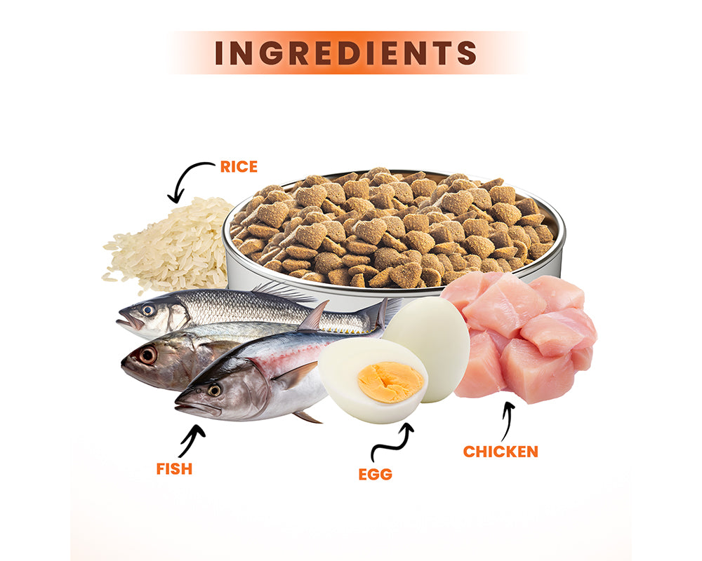 Lickicious Adult Cat Food ingredients: rice, fish, egg and chicken shown beside kibble