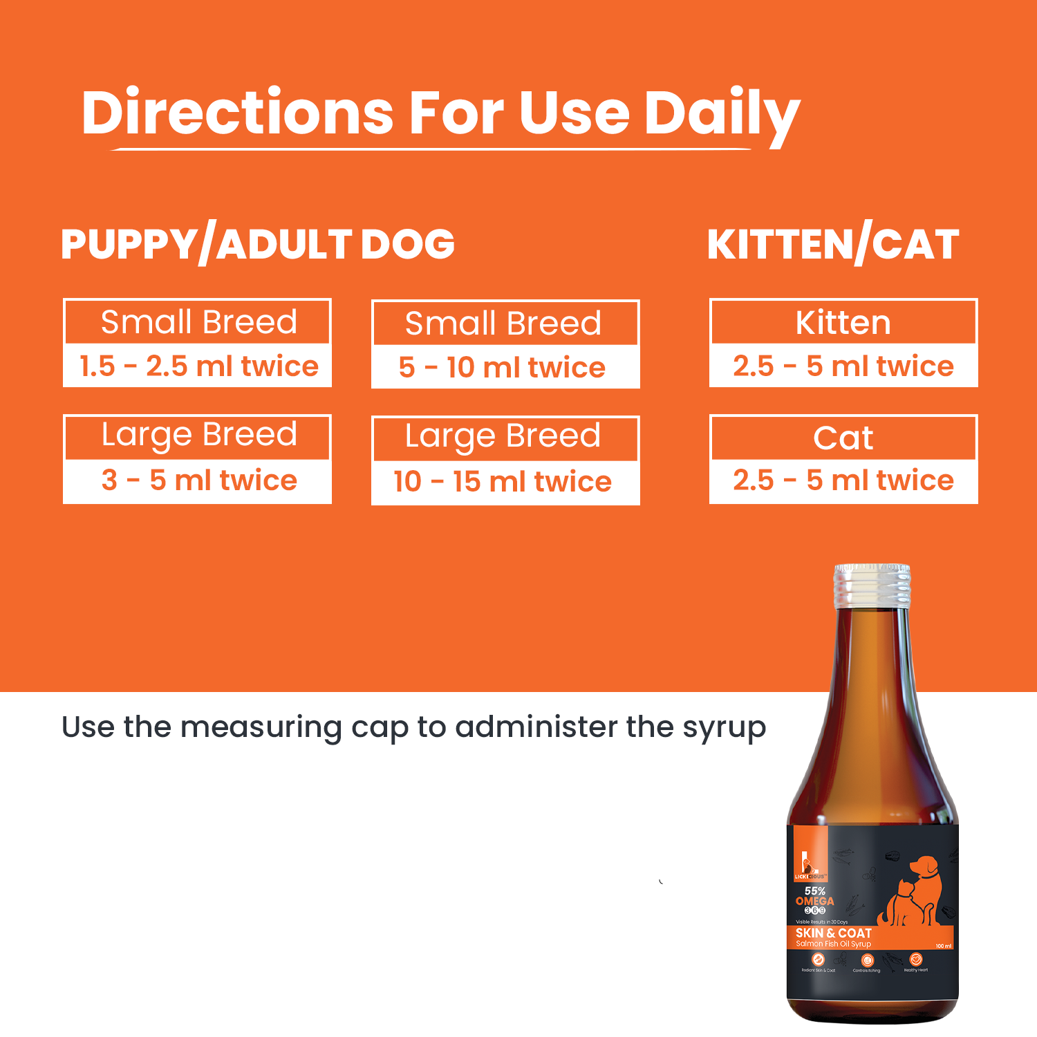 Dosage LICKICIOUS Skin and Coat Syrup with 55% Salmon Oil Omega 3 6 9 for Dogs & Cats