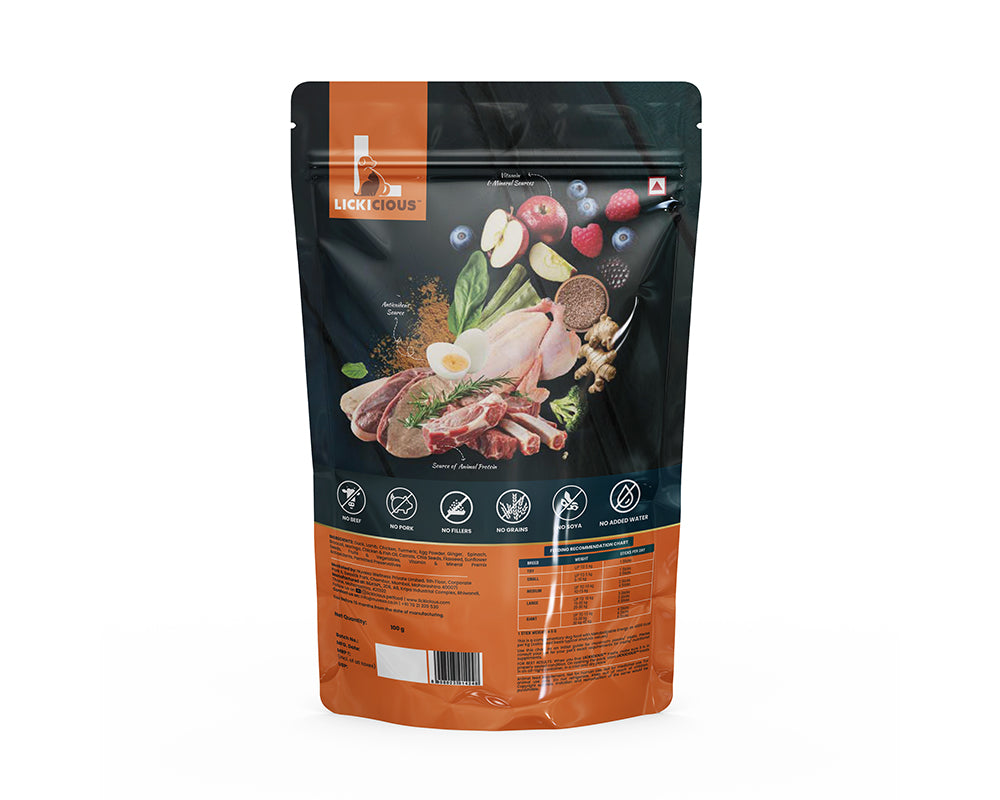 Lickicious Immunity & Growth 100g pack back label showing lamb, chicken, egg and fruit ingredients with feeding chart