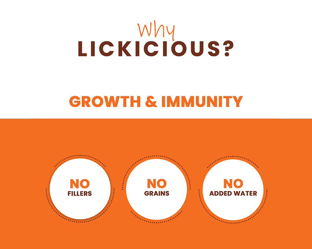 Lickicious Immunity & Growth Treats callouts: no fillers, no grains, no added water