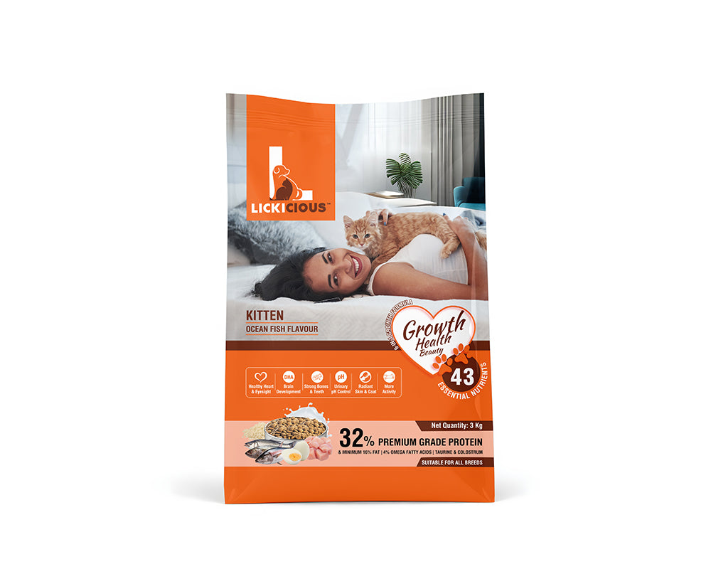 Lickicious Kitten Ocean Fish Flavour pet food packaging with a woman and cat on a white background