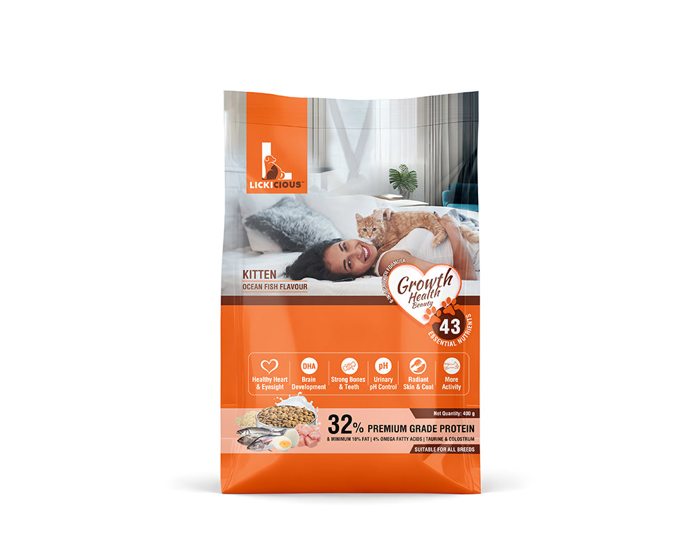 Cat food package for kittens with a woman and cat on the label