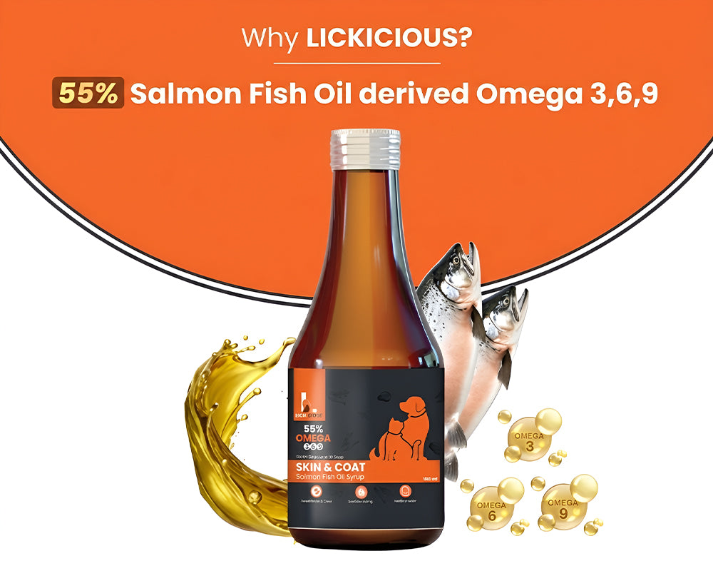 Bottle of Lickicious salmon fish oil with text highlighting omega 3,6,9 content on an orange background.