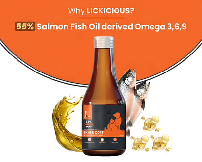 LICKICIOUS Skin and Coat Syrup with 55% Salmon Oil Omega 3-6-9 for Dogs & Cats