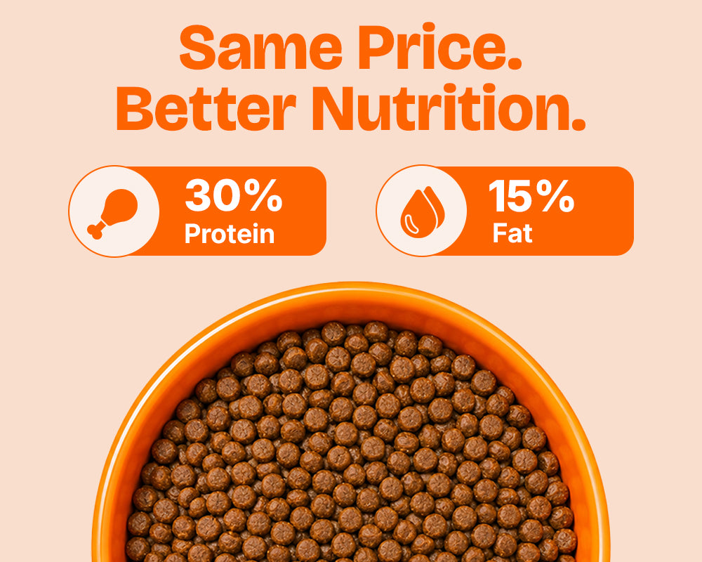 Top-down view of a bowl filled with Lickicious Puppy Dry Dog Food kibble, showing 30% protein and 15% fat