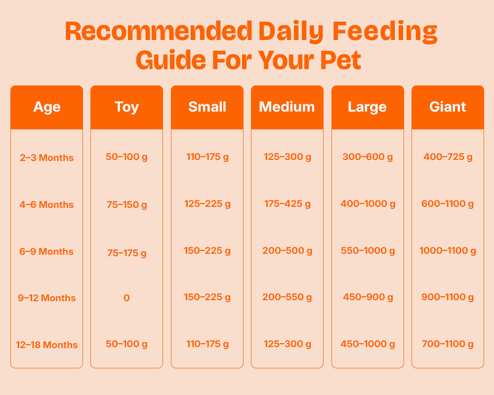 Lickicious Puppy Food daily feeding guide chart with quantities by puppy age and breed size (toy to giant)