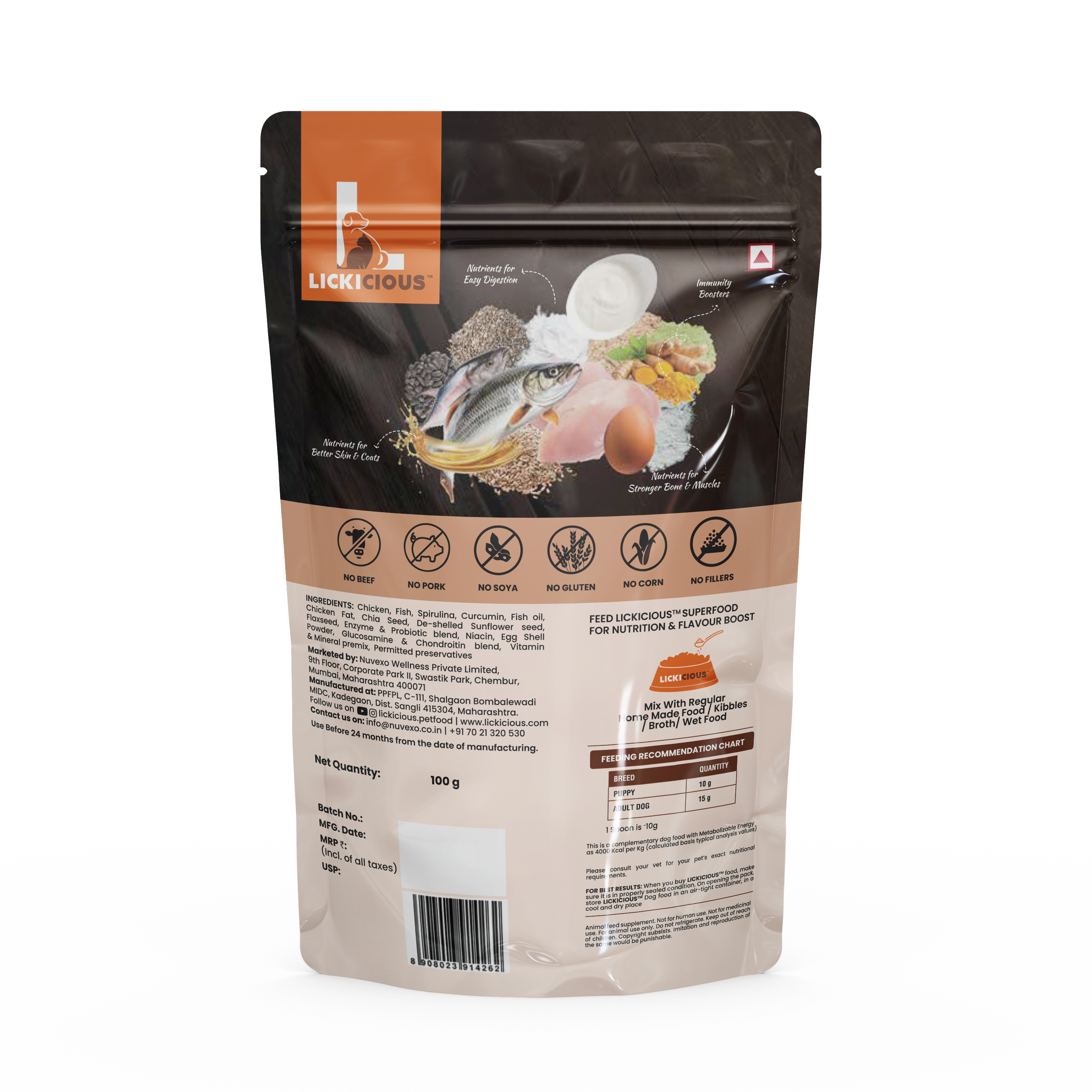 Lickicious Super Food Dog 100g pack back label showing ingredients, feeding chart and no fillers callouts