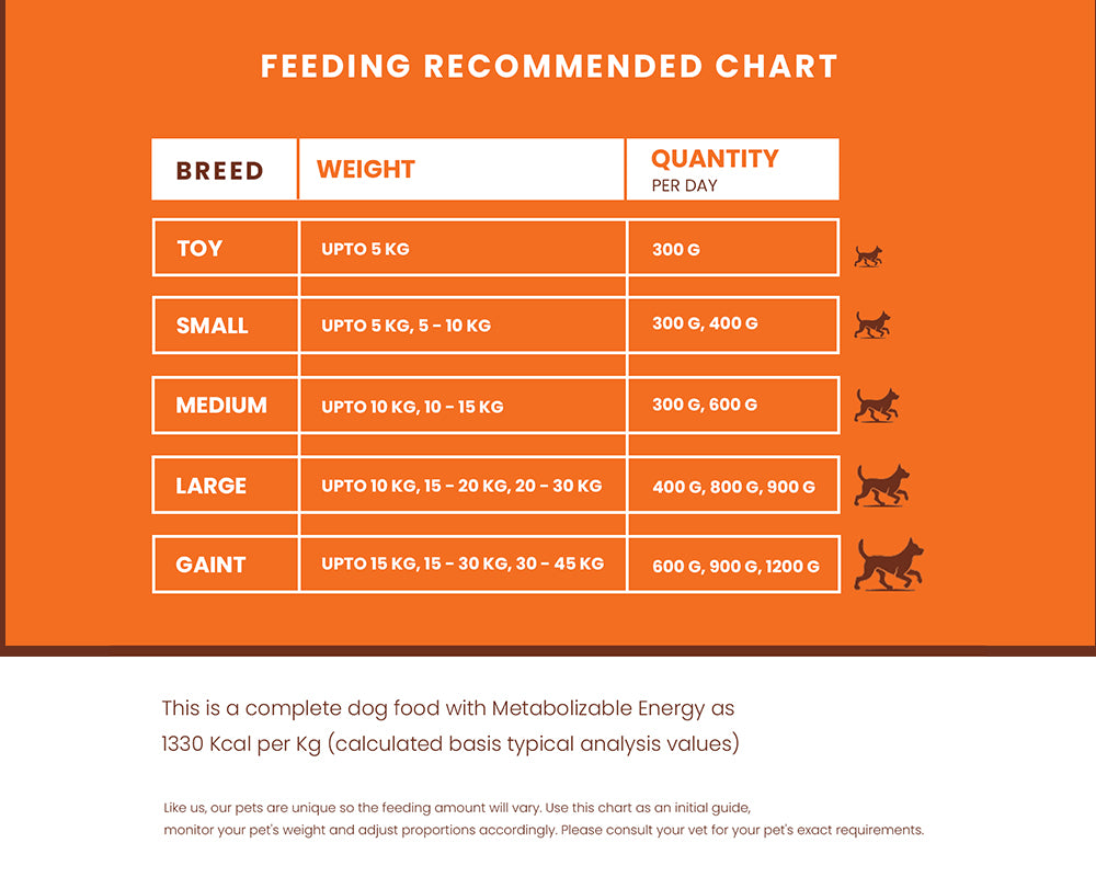 Wet dog food daily feeding guide chart by dog size and age group with recommended portions