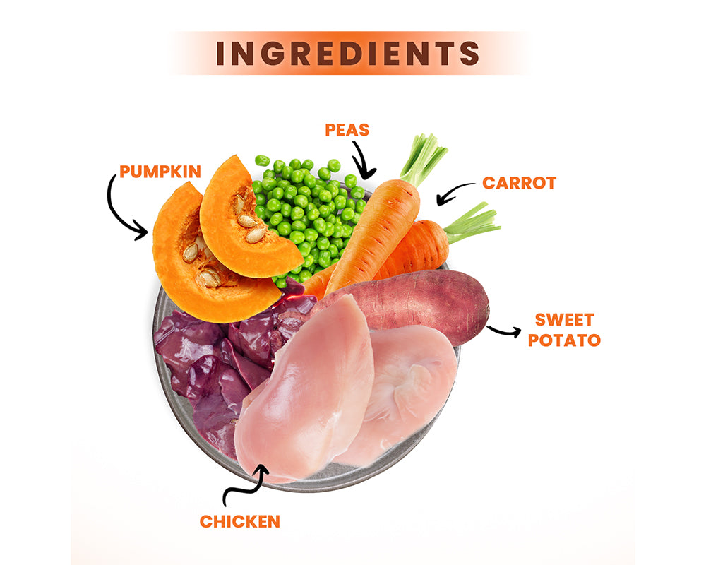 Real ingredients in Lickicious Wet Dog Food: chicken, vegetables, eggs and fresh herbs