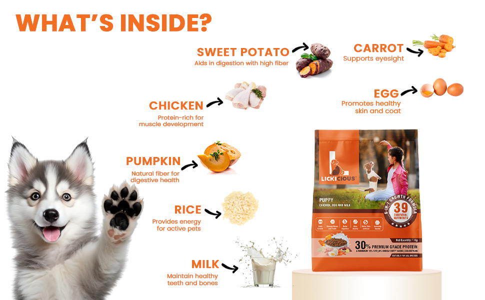 Chicken Colostrum Rice Vegetables ingredients of Lickicious Puppy Food
